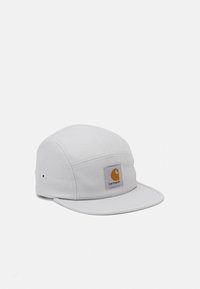 Gray fabric cap with a flat brim, front panel logo label, and side ventilation holes. Simple design, rectangular shape, and smooth texture.