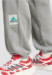 Sivé tepláky s elastickým pásom a bielou nášivkou loga Adidas. V kombinácii s červenými a bielymi športovými topánkami s priehľadnými hornými časťami a akcentmi.