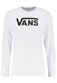 Valkoinen pitkähiha. T-paita, joka on valmistettu puuvillasta ja jossa on suuri musta "VANS" -logo rinnan kohdalla. Puserossa on pyöreä kaula-aukko ja ribbineulehihansuut.