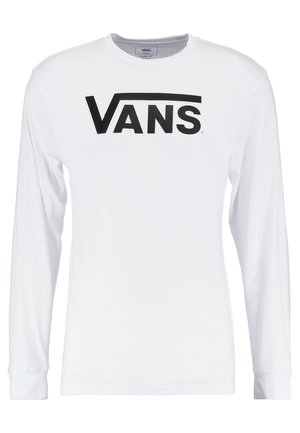 White long-sleeve t-shirt made of cotton, featuring a large black "VANS" logo across the chest and round neckline with ribbed cuffs.