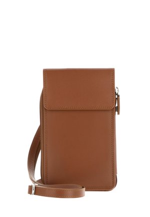 Braune Leder-Umhängetasche mit Klappverschluss und verstellbarem Riemen, rechteckige Form, kompaktes und minimalistisches Design.