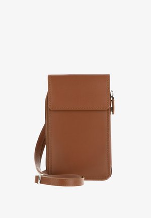 Braune Leder-Umhängetasche mit Klappverschluss und verstellbarem Riemen, rechteckige Form, kompaktes und minimalistisches Design.