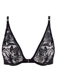 Soutien-gorge en dentelle noire avec broderie florale, en forme triangulaire, avec des épaules réglables et une texture en maille, ornée d'un accent doré à l'avant.