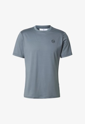 Yksinkertainen harmaa lyhythihainen pyöreäkaulainen t-paita, jossa pieni musta logo vasemmassa rinnassa.