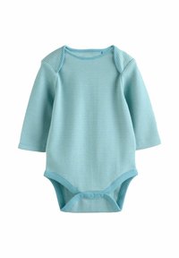 Ljust blå långärmad body med vita ränder, mjukt tyg, rundad halsringning och tryckknappar i botten för enkel påklädning.