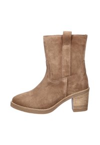 Tan suede ankle boot with a block heel, featuring a side seam design, pull tab, and a textured wooden heel accent. Smooth surface finish.