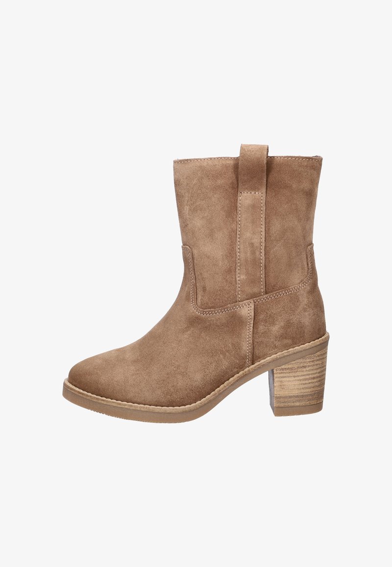 Tan suede ankle boot with a block heel, featuring a side seam design, pull tab, and a textured wooden heel accent. Smooth surface finish.