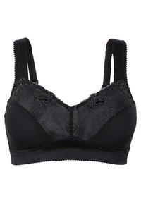 Bra nero realizzato in tessuto liscio con dettagli in pizzo e motivi floreali sulle coppe, dotato di spalline regolabili e design senza cuciture.