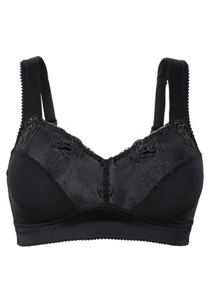 Bra nero realizzato in tessuto liscio con dettagli in pizzo e motivi floreali sulle coppe, dotato di spalline regolabili e design senza cuciture.