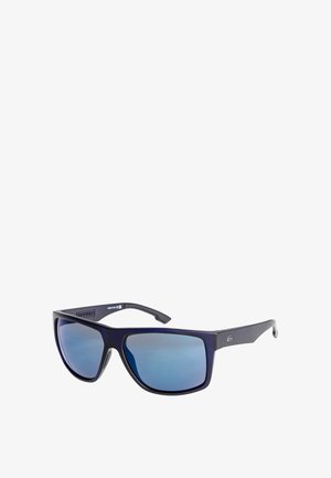 Sunglasses with a navy blue plastic frame, mirrored lenses, and rectangular shape. Features curved arms and logo detail on the side.