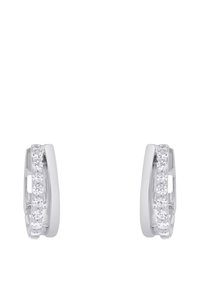 Orecchini a cerchio in argento con una fila di pietre trasparenti lungo la parte anteriore, finitura lucida e un design elegante e moderno.
