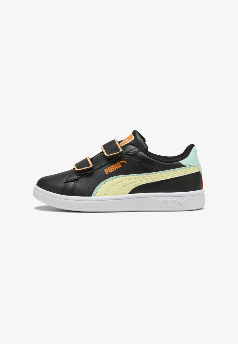 Black synthetic sneakers with a green and yellow stripe, featuring two Velcro straps, orange accents, and a white rubber sole.