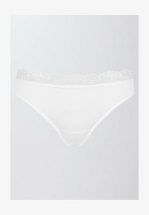 Culotte in cotone bianco in stile bikini con una fascia in pizzo, caratterizzate da un tessuto morbido, una texture liscia e un taglio classico.