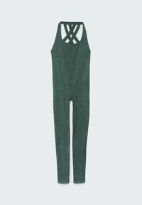 Combinaison sans manches vert foncé avec des bretelles croisées dans le dos et des jambes longues ajustées.