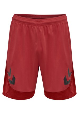 Rode sportieve shorts van lichtgewicht stof met een elastische tailleband. Bevat zwarte accentpatronen aan de zijkanten en heeft een gladde textuur.
