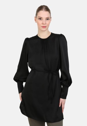 Black long-sleeve blouse with a gathered neckline, puffed sleeves, and a waist tie. Smooth texture, below-hip length, no patterns or hardware.