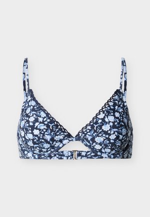 Σουτιέν σε σκούρο μπλε χρώμα με μπανέλα, ανοιχτό μπλε μοτίβο με λουλούδια, δαντέλα στα φλιτζάνια, ρυθμιζόμενους ιμάντες και κλείσιμο με αγκράφα μπροστά.