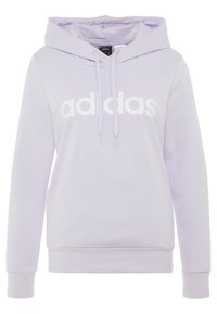 Sudadera lila hecha de una tela suave, con un bolsillo canguro, capucha con cordón y un gran logo blanco de "adidas" en el frente. Mangas largas.