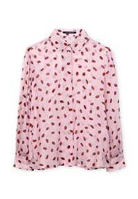 Pink button-up blouse with a collar, featuring a scattered leaf pattern in shades of red. Made from lightweight, semi-sheer fabric.