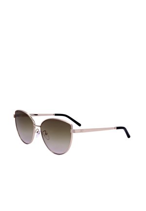 Occhiali da sole stile cat-eye con sottili montature in metallo dorato e lenti marroni sfumate, terminali delle aste neri e naselli regolabili.
