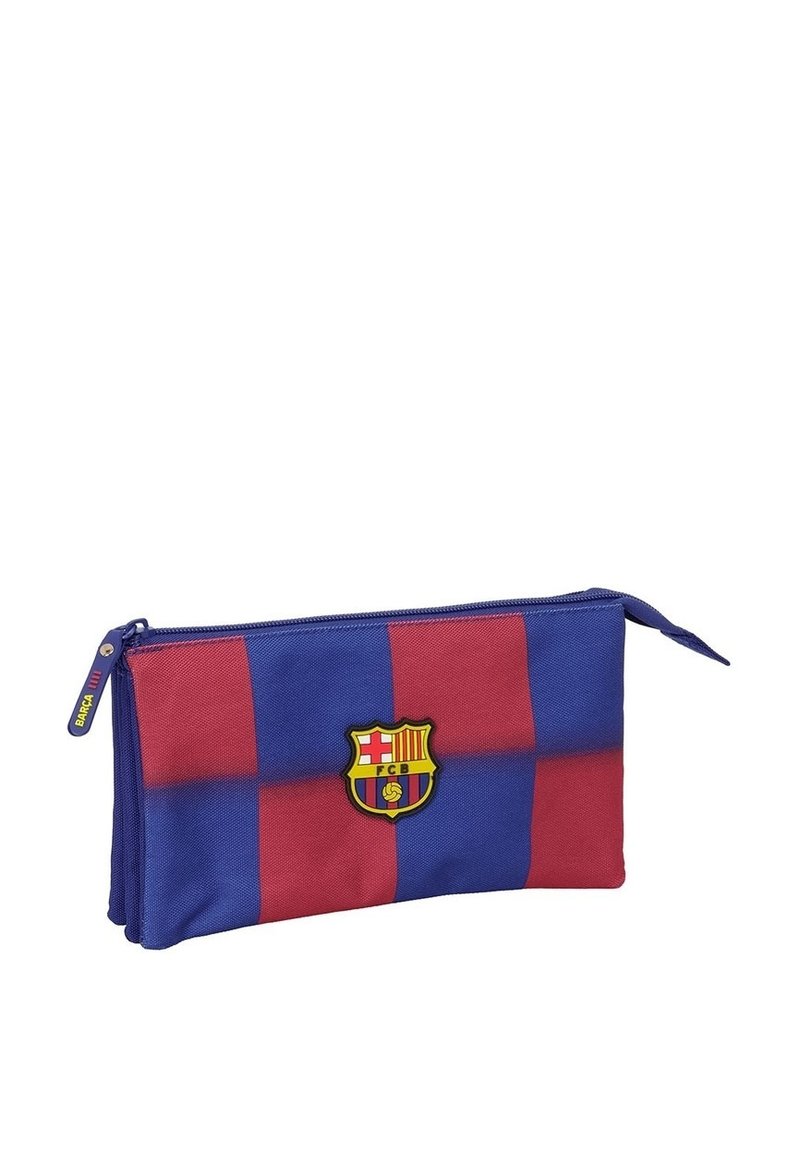 Niebieski i czerwony piórnik na zamek błyskawiczny wykonany z płótna. Posiada wzór w paski oraz logo FC Barcelona z przodu. Kompaktowy i prostokątny kształt.