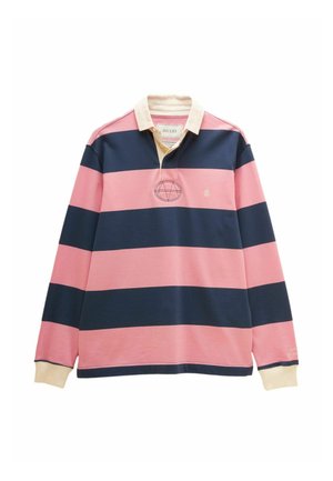 Langärmeliges Rugbyhemd mit breiten, horizontalen pink- und marineblauen Streifen, cremefarbenem Kragen und Bündchen sowie kleinen gestickten Logos auf Brust und Ärmel.