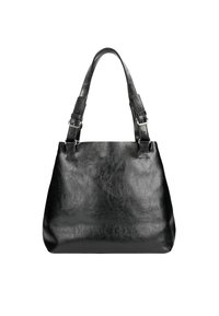 Borsa tote in pelle nera con texture liscia, forma strutturata, due manici regolabili e leggeri accenti in metallo. Design semplice.