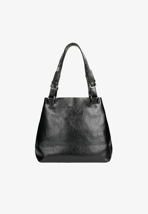 Zwarte leren tote bag met een gladde textuur, gestructureerde vorm, twee verstelbare straps en subtiele hardware accenten. Eenvoudig ontwerp.