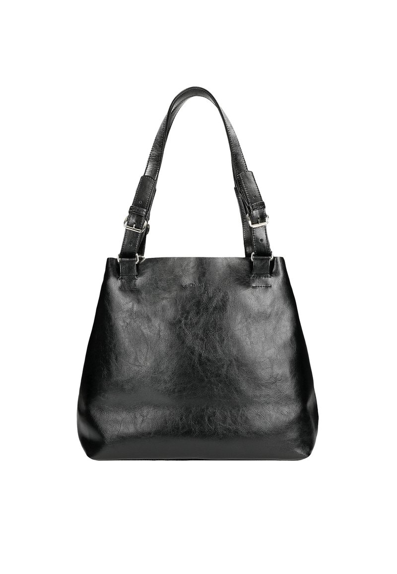 Borsa tote in pelle nera con texture liscia, forma strutturata, due manici regolabili e leggeri accenti in metallo. Design semplice.