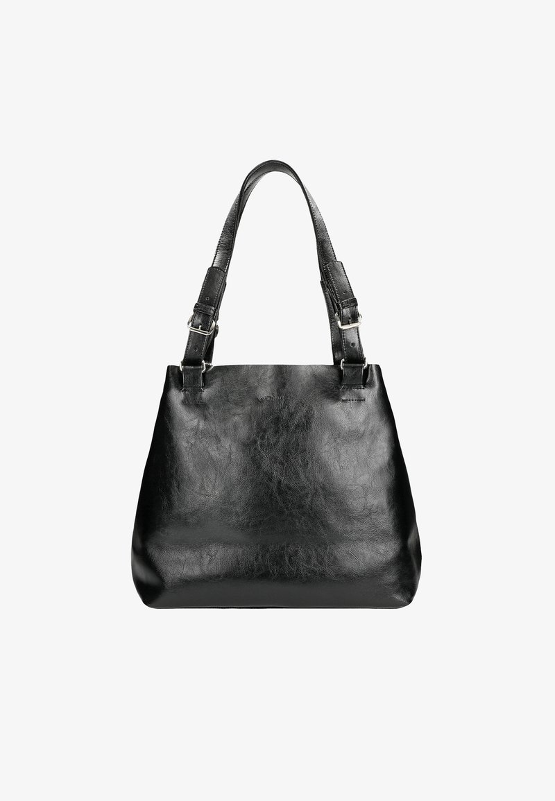 Borsa tote in pelle nera con texture liscia, forma strutturata, due manici regolabili e leggeri accenti in metallo. Design semplice.