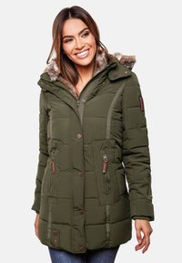 Olive green puffer jacket with a faux fur-lined hood, zippered and buttoned front, four pockets, and textured stitching details.