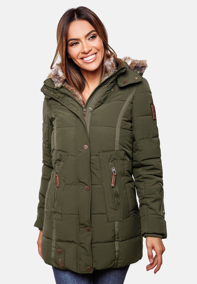Olive green puffer jacket with a faux fur-lined hood, zippered and buttoned front, four pockets, and textured stitching details.