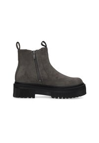 Graue Wildleder-Ankle Boots mit einer flachen schwarzen Gummisohle, seitlichem Reißverschluss und Zuglasche. Verfügt über eine dicke, strukturierte Sohle für besseren Halt.