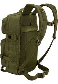 Olive green tactical backpack made of durable fabric. Features padded straps, mesh detailing, multiple compartments, and side webbing.