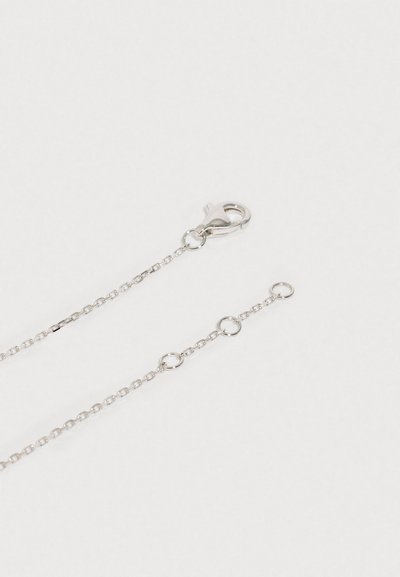 Náhrdelník ze stříbrného řetízku s karabinkou, obsahující jemné články a malé kruhové ozdoby. Hladká textura s leštěným povrchem.