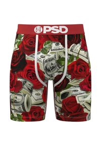 Męskie bokserki wykonane z mieszanki poliestru, z wyrazistym nadrukiem czerwonych róż oraz amerykańskich dolarów, z czerwonym elastycznym pasem.