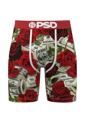 Boxers deportivos para hombres en una mezcla de poliéster que presentan un estampado vibrante de rosas rojas y billetes de dólar estadounidenses, con una cintura elástica roja.