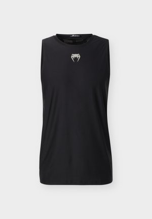 Čierne atletické tielko bez rukávov s okrúhlym výstrihom a reflexným logom hlavy hada uprostred na hrudi, veľkosť stredná.