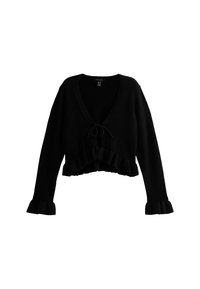 Schwarzer, kurzer Pullover aus weichem Material mit V-Ausschnitt, gebundenem Frontdetail und Rüschensaum sowie -ärmeln.