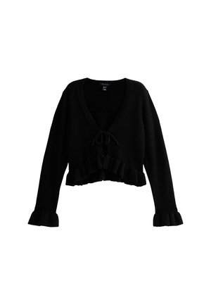 Zwarte cropped sweater van zachte stof met een V-hals, gestrikte voorkant en een gerimpelde zoom en mouwen.