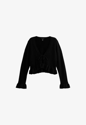 Maglione corto nero realizzato in materiale morbido, con scollatura a V, dettaglio anteriore legato e orlo e maniche arricciati.