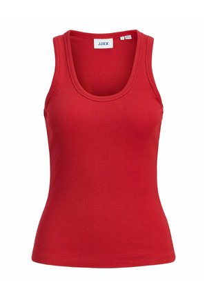 Rød ribbet tanktop med rund halsudskæring og brede skulderremme. Lavet af strækbart materiale, med en tætsiddende pasform og afslappet design.