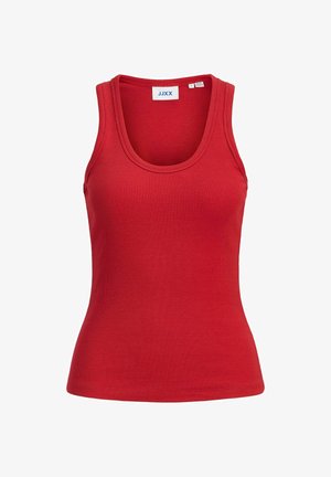 Red ribbed tank top with a round neck and wide shoulder straps. Made from stretchy fabric, featuring a fitted shape and casual design.