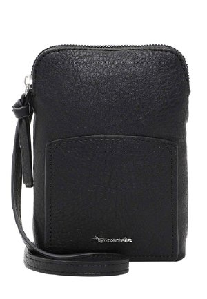 Schwarze Leder-Crossbody-Tasche mit strukturiertem Oberflächen, Reißverschluss, Vordertasche und verstellbarem Tragegurt. Auffälliges Markenlogo am Boden.