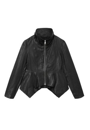 Veste en cuir noir avec un col montant, fermeture zippée sur le devant, coupe ajustée et ourlet évasé. Présente une texture lisse et des manches longues.