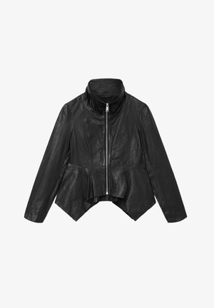Veste en cuir noir avec un col montant, fermeture zippée sur le devant, coupe ajustée et ourlet évasé. Présente une texture lisse et des manches longues.