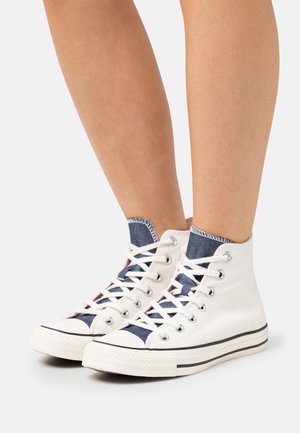 Persona con zapatillas altas blancas con lengüetas azules y cordones blancos, de pie sobre un fondo liso y claro.