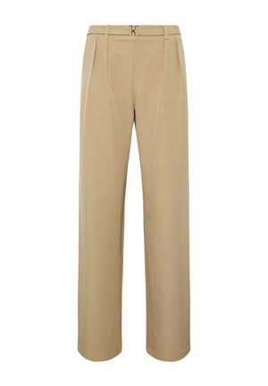 Beige bukser med høj talje og lige ben, med bæltestropper og en lille metalspænde ved taljen.