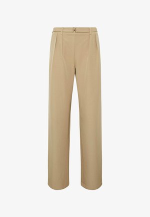 Pantaloni beige a vita alta, gamba dritta, con passanti per cintura e una piccola fibbia in metallo sulla cintura.