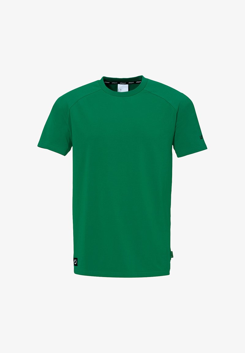 T-shirt verde a maniche corte realizzata in tessuto liscio, con scollo rotondo e accenti minimal sui maniche e sull'orlo.